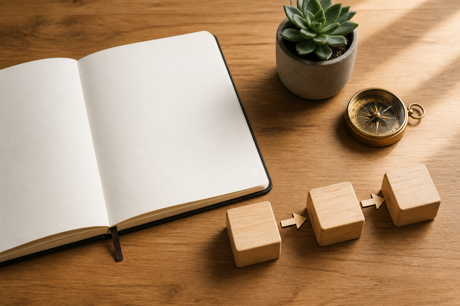 A high-angle photo of an open blank notebook, three sequential wooden blocks, and a compass on a wooden desk.