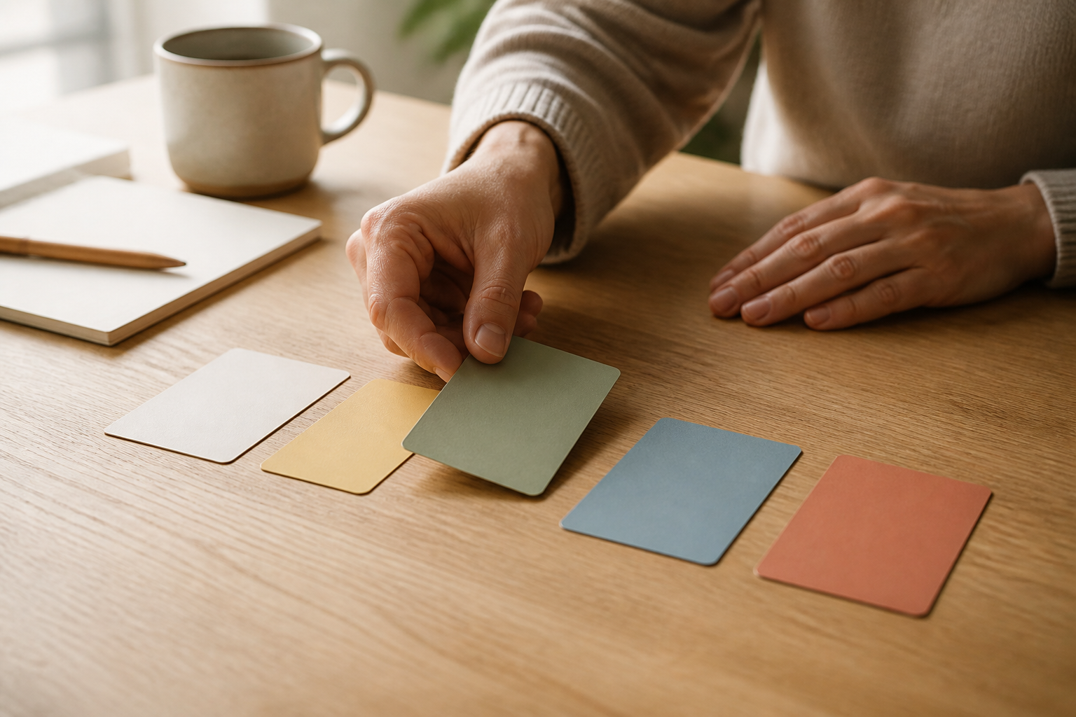 Hands organizing blank, color-coded cards on a wooden desk, representing a structured step-by-step workflow.
