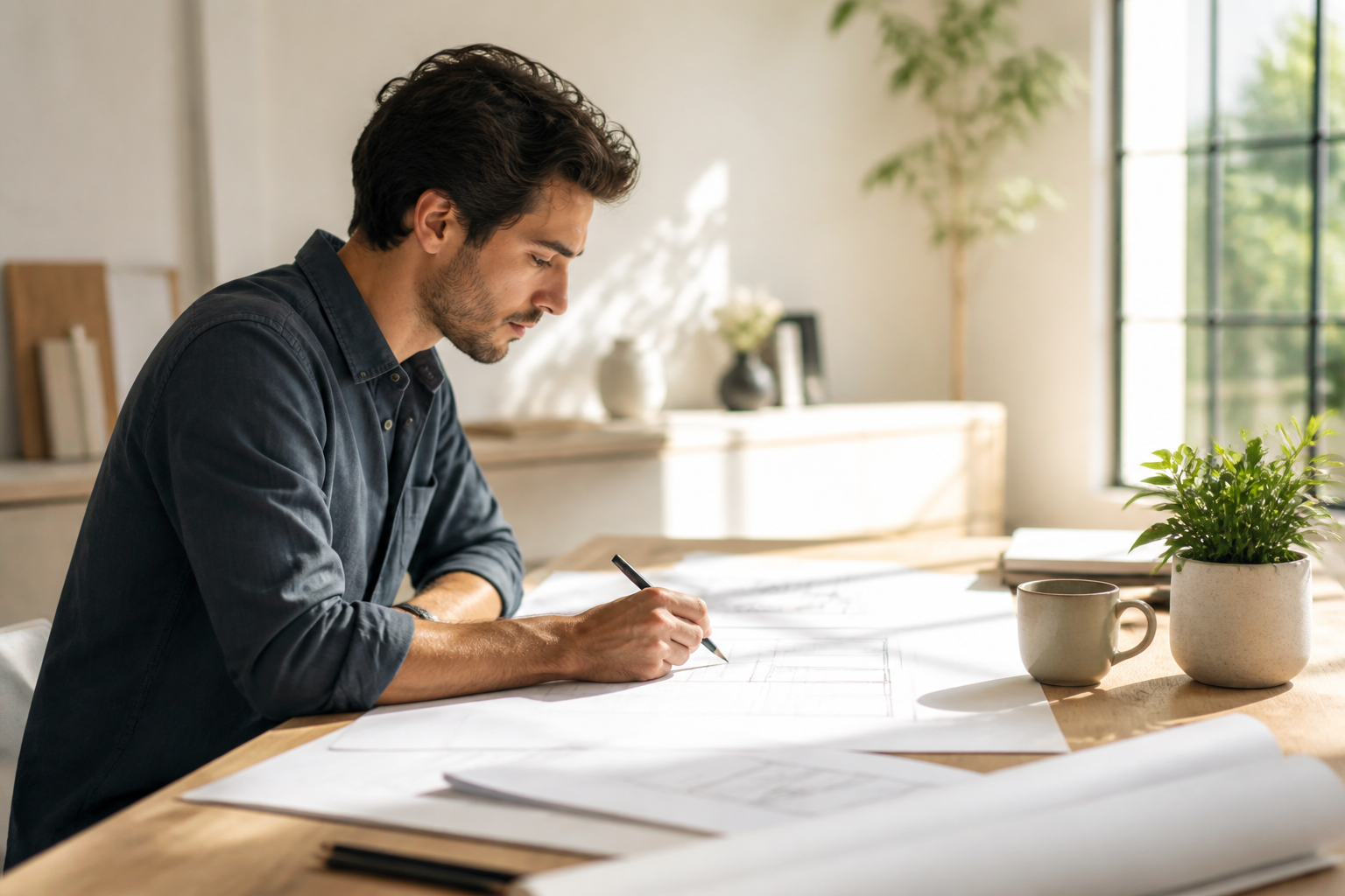 A professional calmly reviewing physical design plans at a sunlit wooden desk in a minimalist workspace.