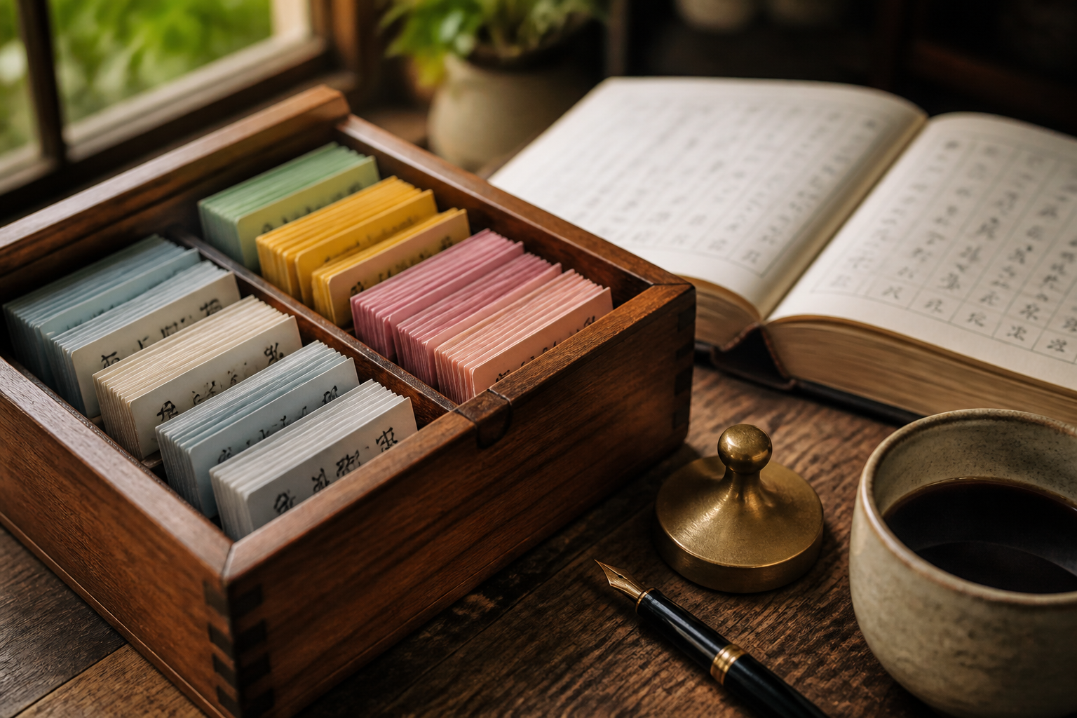 A close-up of structured language learning tools including a wooden box of flashcards, a textbook, and a fountain pen.