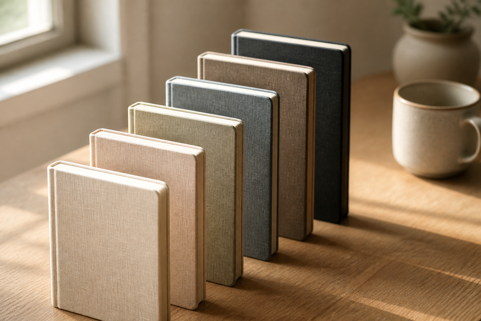 Six unlabeled linen notebooks arranged in an ascending row on a wooden desk, symbolizing structured learning levels.