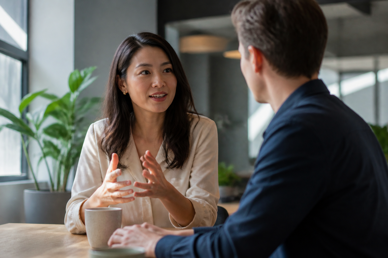 Two professionals having a confident, real-world conversation in a bright, modern office setting.