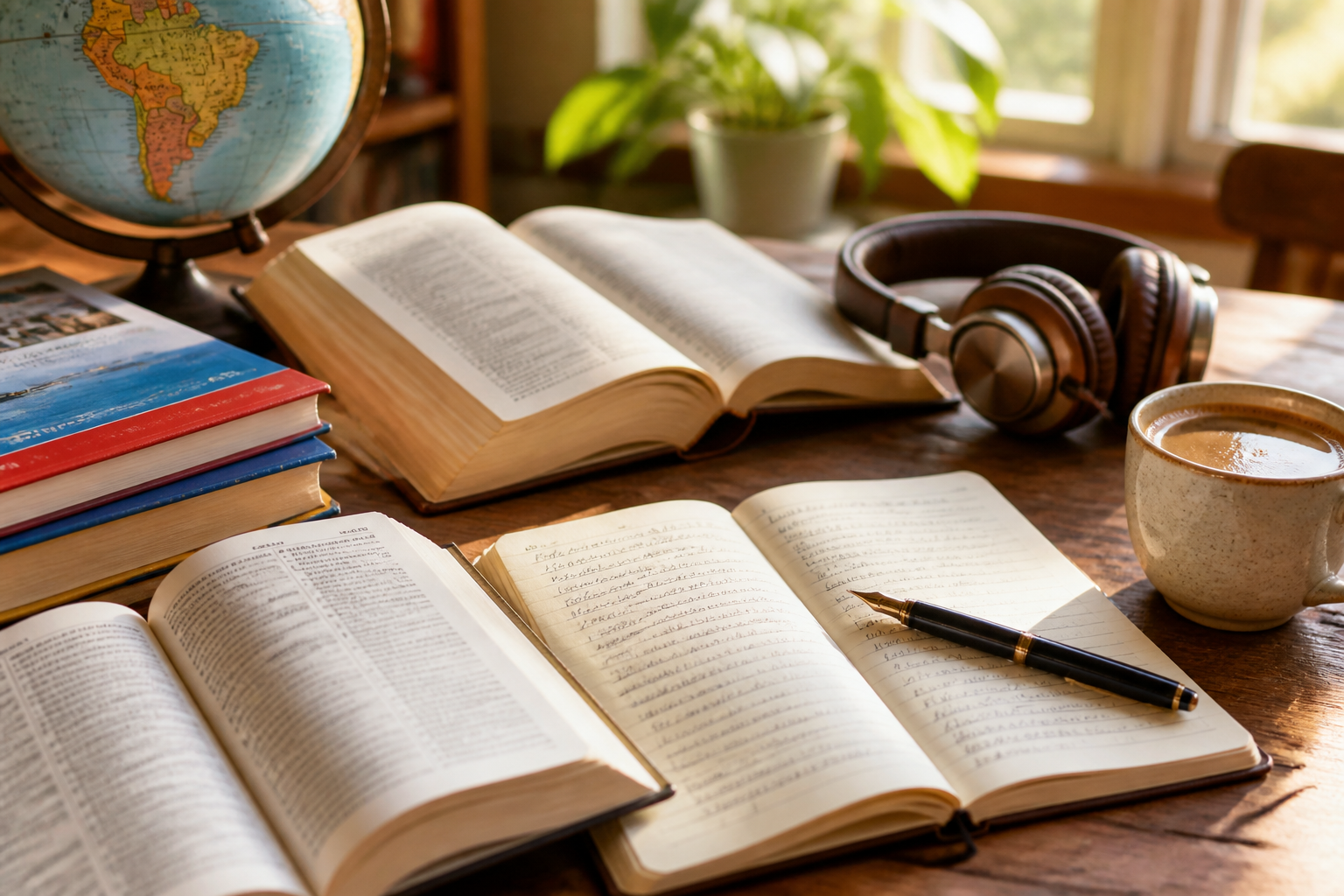 A cozy study desk with open foreign language dictionaries, a notebook, and headphones in warm morning light.