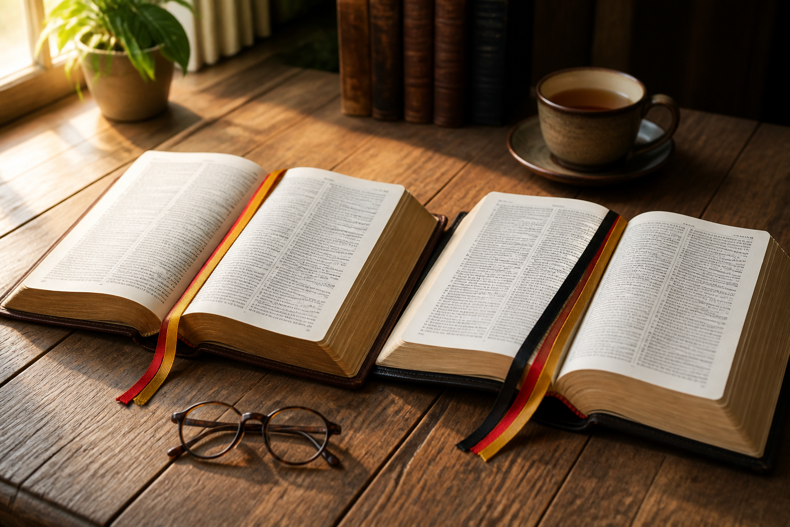 Two open vintage language dictionaries side-by-side on a wooden table with a tea cup, representing language comparison.