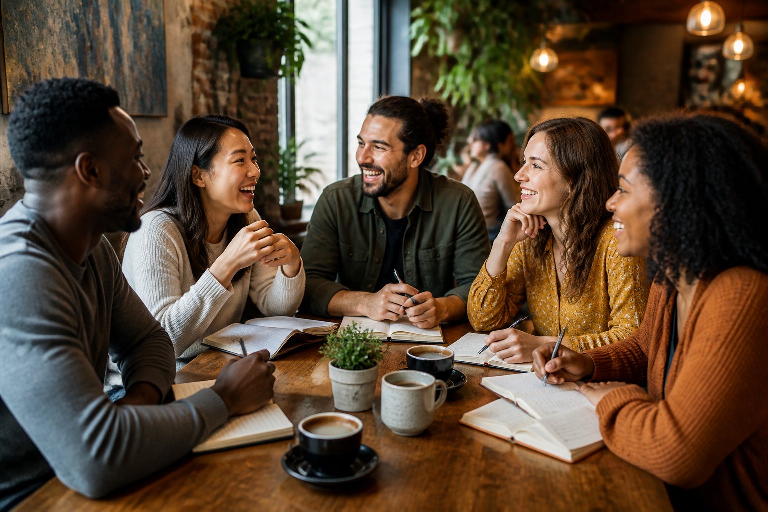 A diverse group of adult language learners practicing conversation together in a bright, cozy cafe setting.