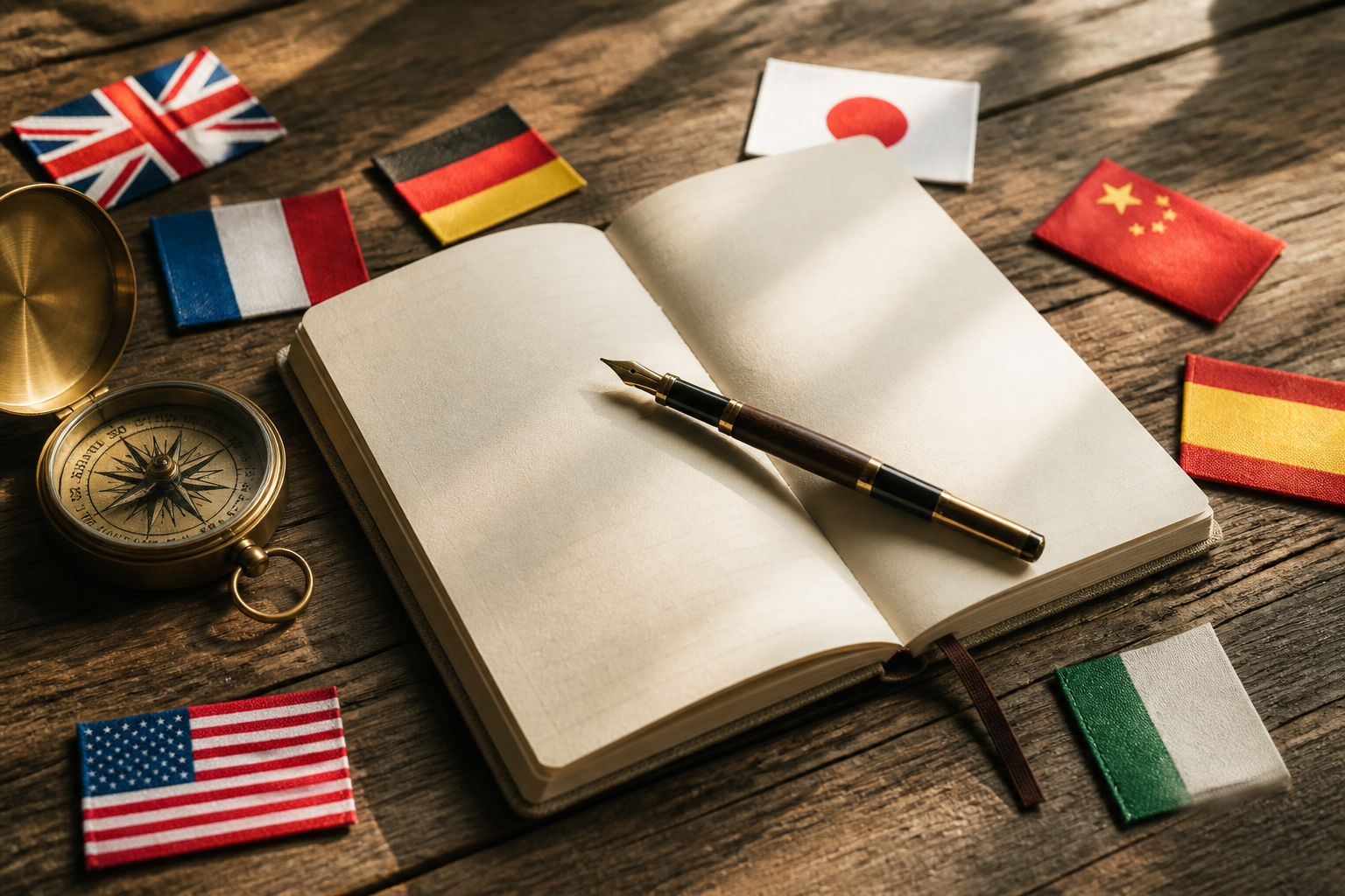 A physical travel notebook, fountain pen, and a vintage compass on a wooden table, symbolizing language learning paths.