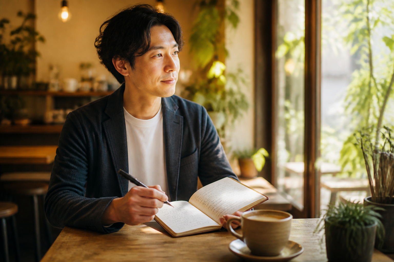 明るいカフェの窓際で、ノートとペンを手にリラックスしながら語学学習に励む大人の様子