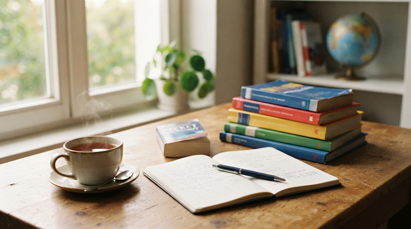 A cozy study desk with language learning books, a notebook, and a cup of tea in warm natural light.