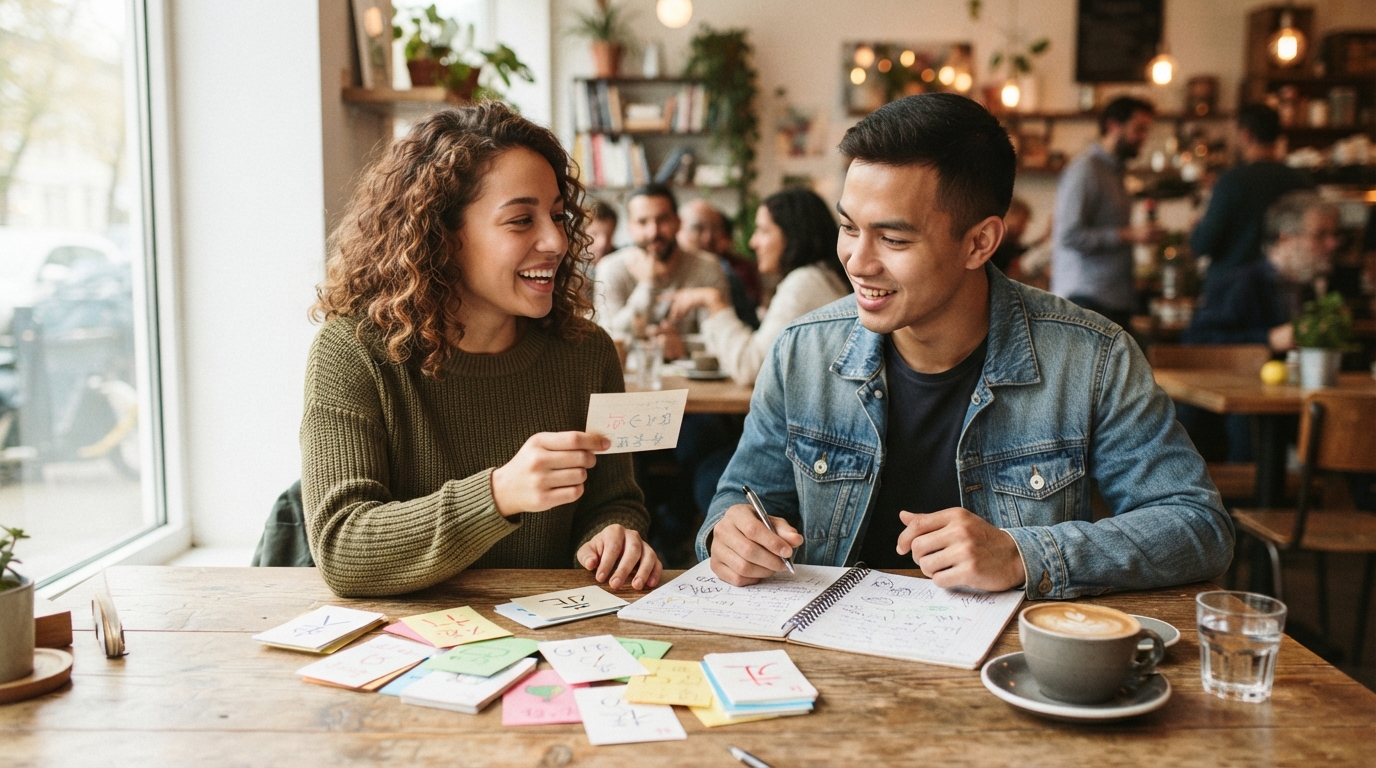 Two people practicing a foreign language together at a cafe table with flashcards and a notebook.