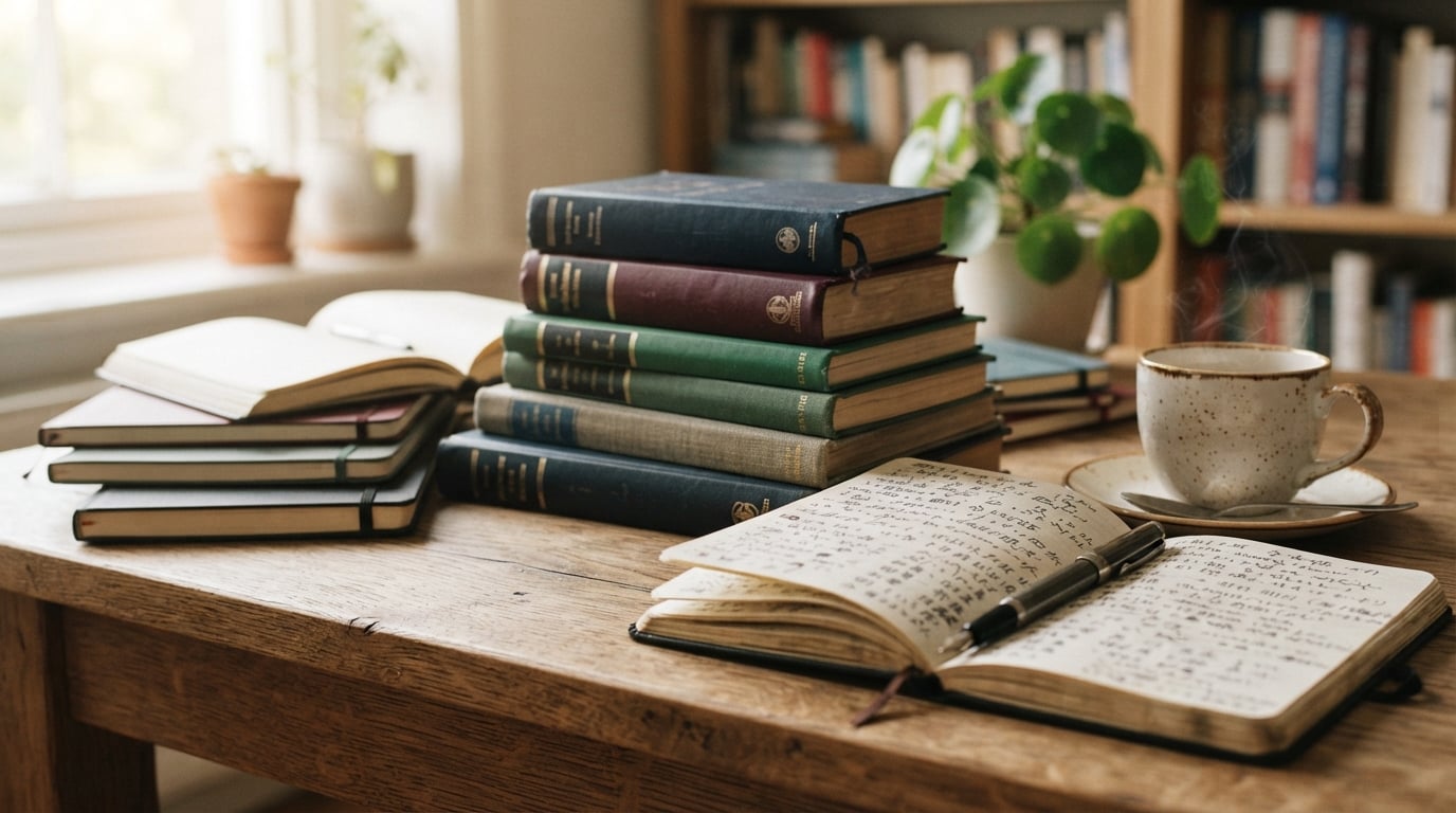 A collection of physical language dictionaries and a notebook on a wooden desk, representing translation tools.