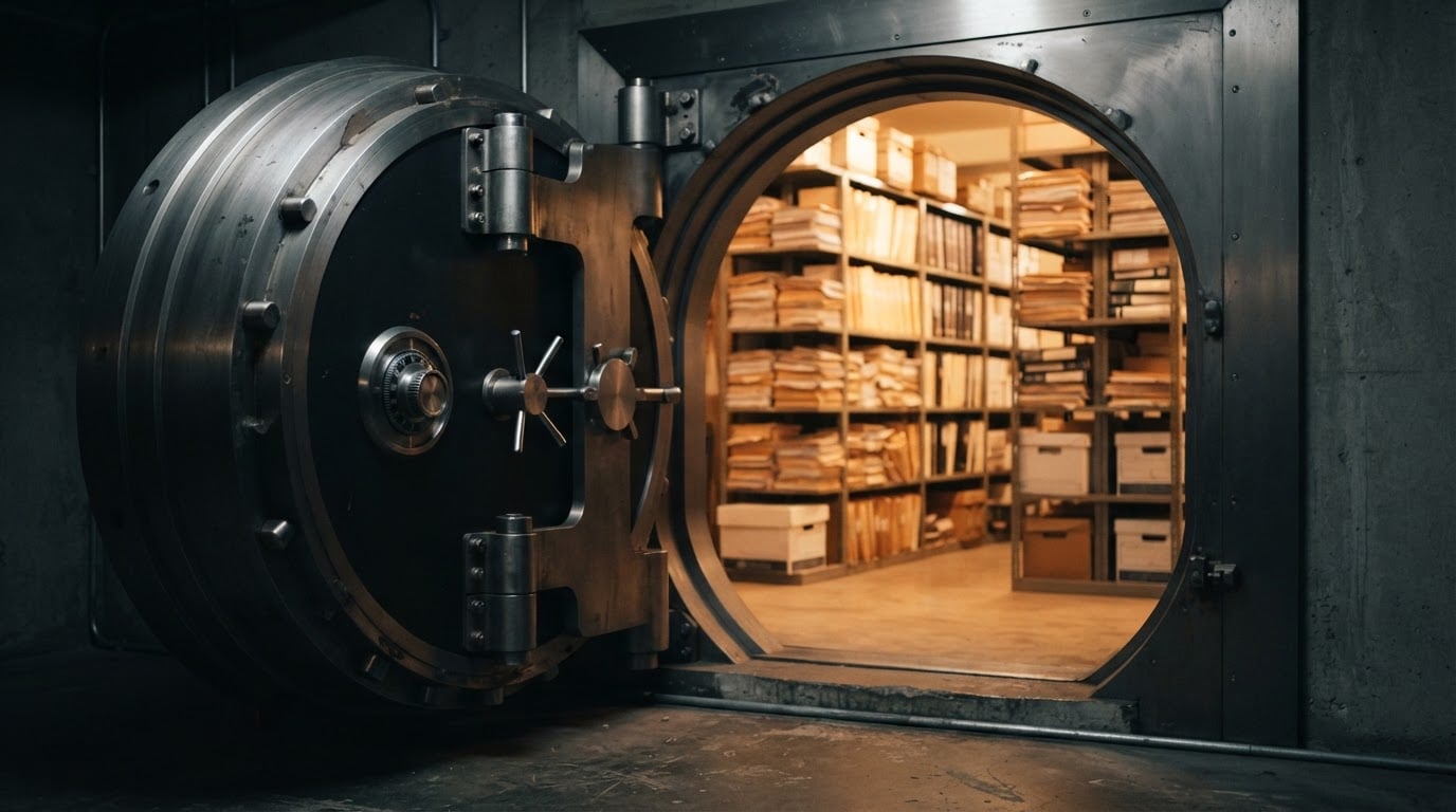 A secure brushed steel vault door slightly open, revealing a warm, softly lit archive room with organized paper documents.