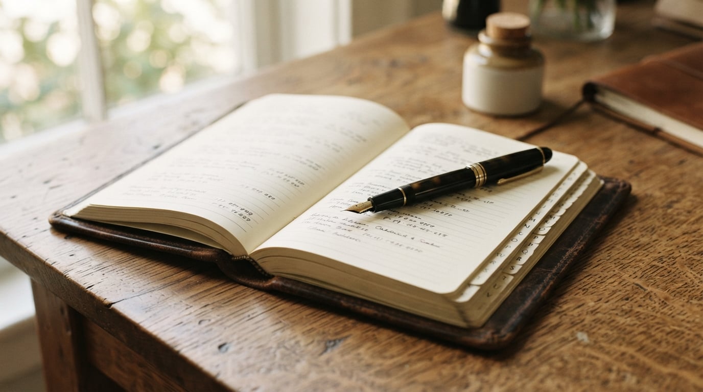 An open physical address book on a wooden desk with a fountain pen, representing structured contact information.