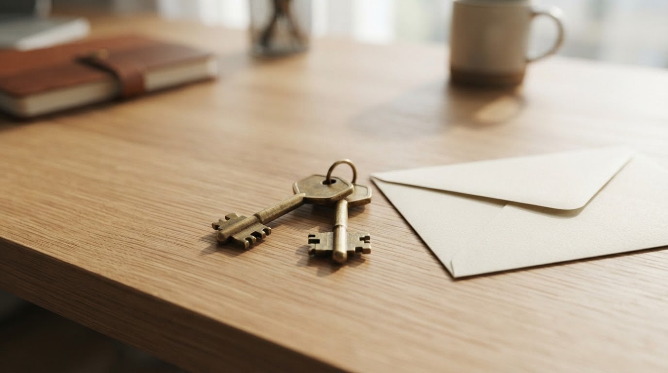 Two interlocking brass keys resting next to a sealed envelope on a wooden desk, symbolizing verification.