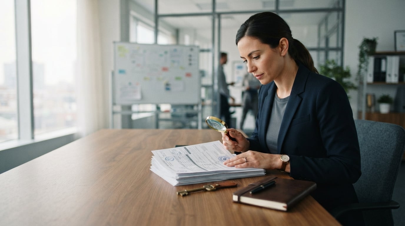 A security analyst reviews printed verification documents on a wooden desk in a bright, modern office.