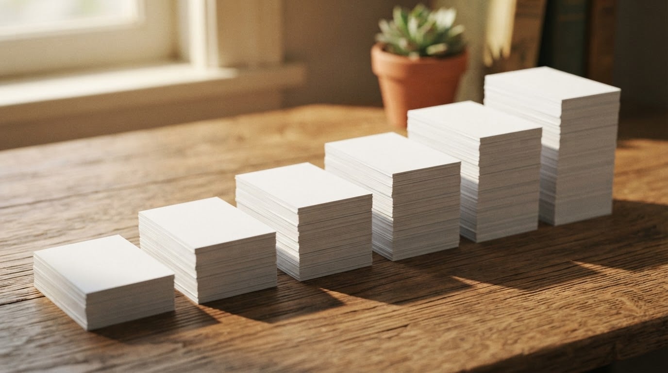 Six stacks of physical flashcards arranged in an ascending staircase pattern on a wooden desk, representing learning levels.