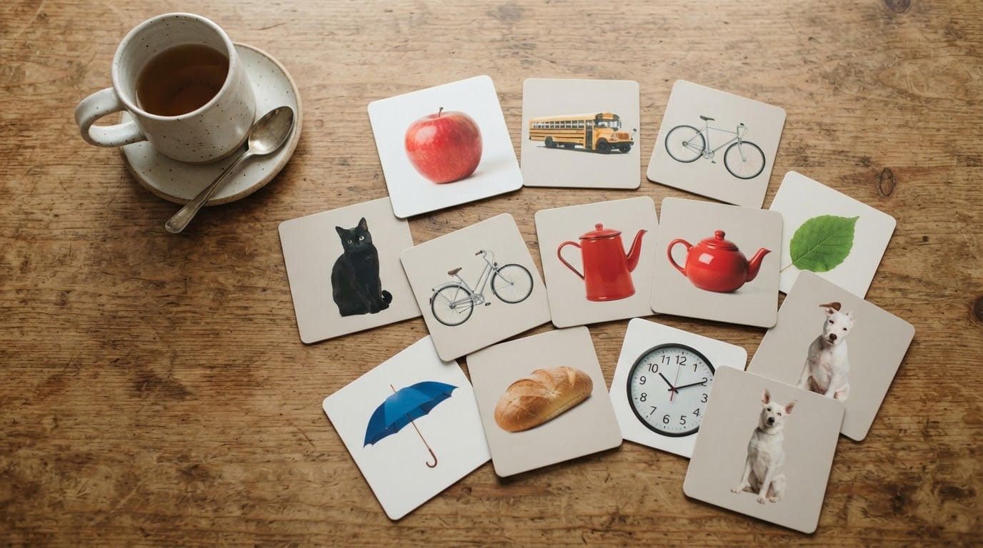 A flat-lay photo of textless vocabulary photo cards on a wooden table next to a warm mug of tea.