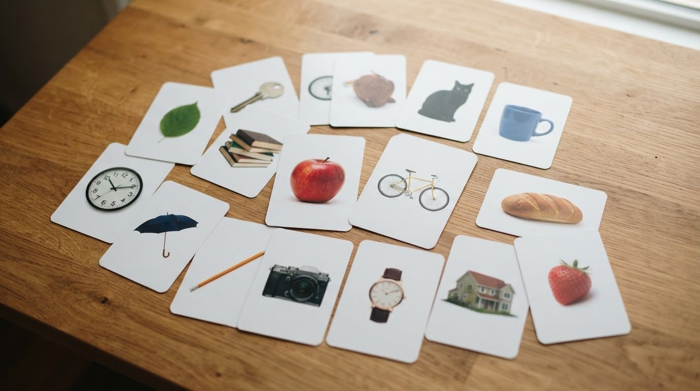 A flat-lay photo of printed vocabulary flashcards featuring everyday objects on a warm wooden table.