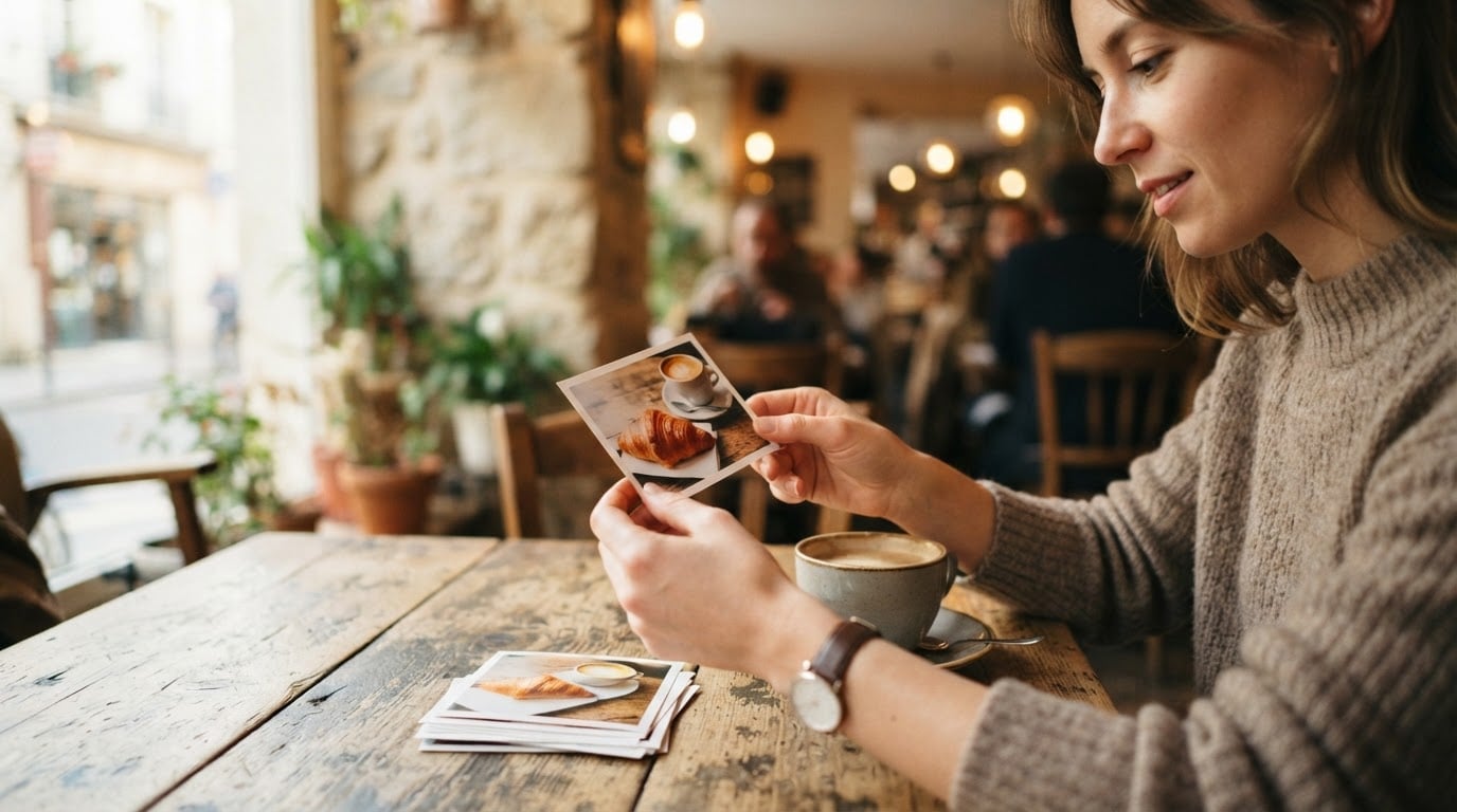 A traveler in a sunlit cafe studies a physical photo card of food to learn basic travel vocabulary.